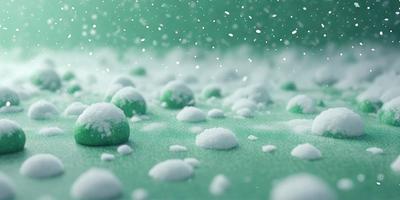 The primary subject of the image is a close-up of a green snowball, which is the main object in the scene. The setting is a green surface, possibly a table or a wall, with a pattern of white snowflakes scattered around the snowball. The visual style appears to be a digital art or illustration, creating a unique and interesting composition. The colors in the image are predominantly green and white, giving the scene a fresh and lively atmosphere.